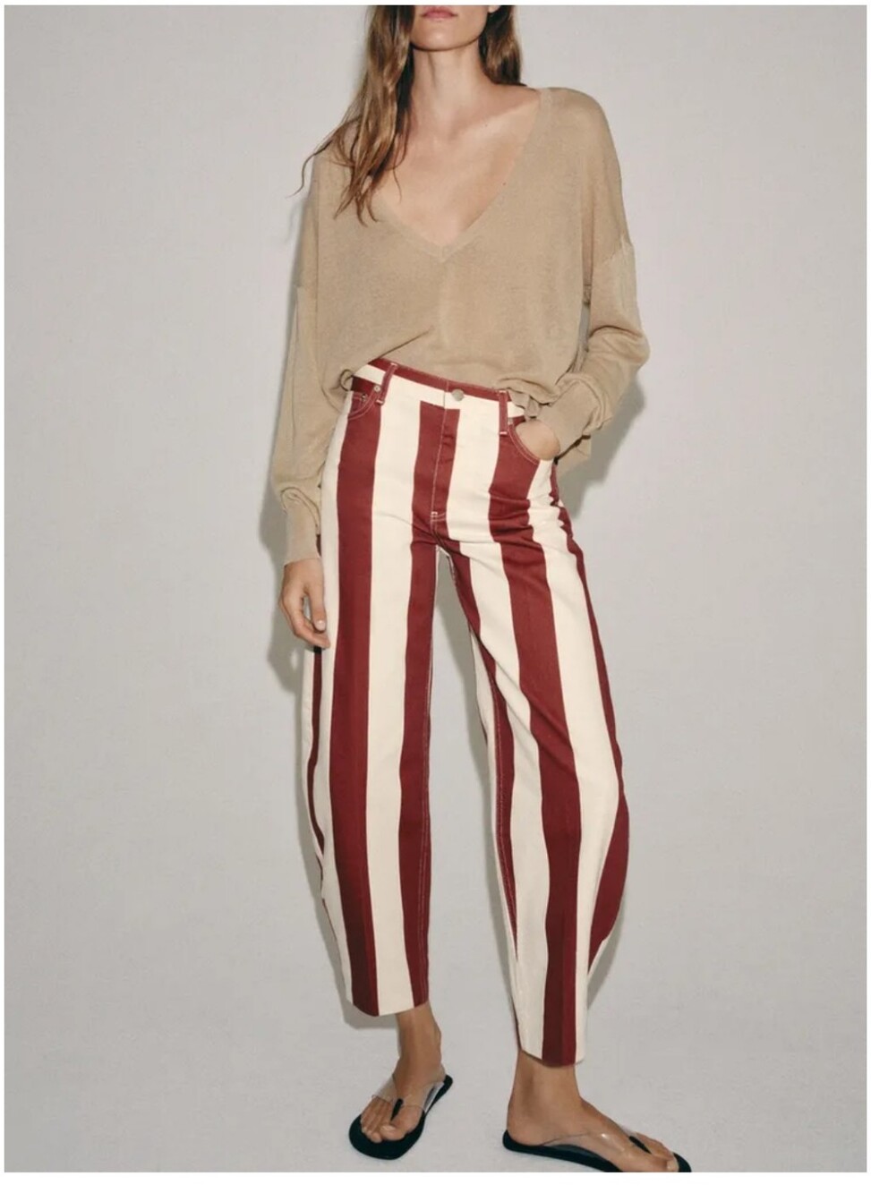 ZARA Striped High-Rise Striped Tapered Pants in Burgundy & Cream